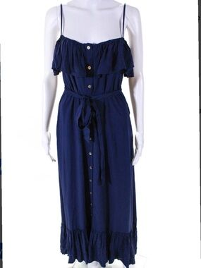 Melissa Odabash Navy Blue Button-Front Ruffle Maxi Dress